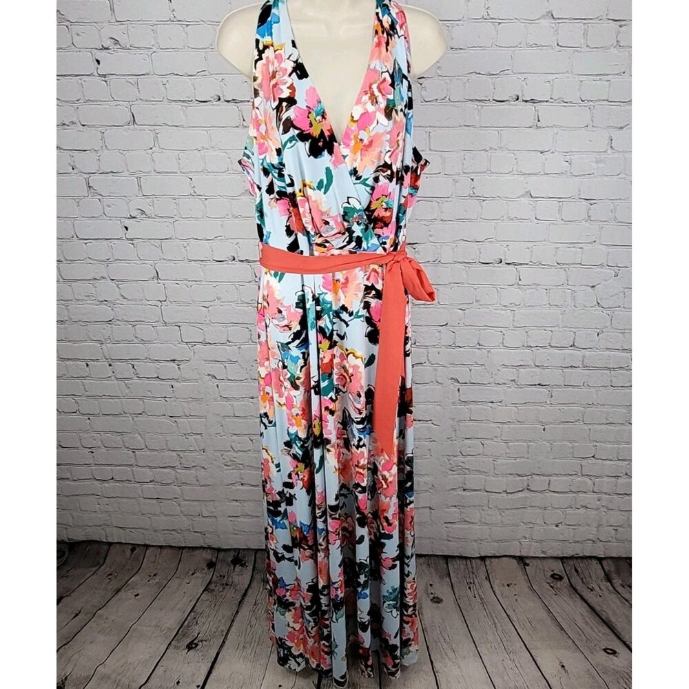 Leslie Fay Multicolor Floral Belted Sleeveless Stretch Maxi Dress Size 14